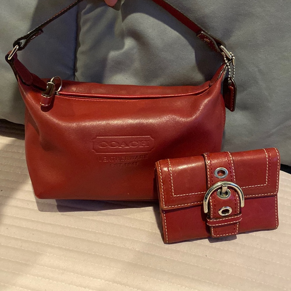 COACH Soft Leather Slouchy Brick Red Small Hobo Bag and Small Wallet